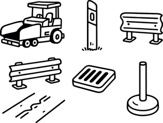 hand drawn cute out doodle style isolated road asphalt paver road lane marker post road guardrail segment road drainage grate road epansion joint road signpost base