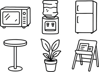 hand drawn cute out doodle style isolated break room microwave oven break room water cooler break room refrigerator unit break room high table break room plant pot break room magazine rack