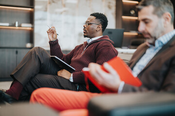 A professional meeting scene with two individuals taking notes and discussing ideas. The atmosphere...