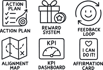 hand drawn cute out doodle style isolated goal setting action plan goal setting reward system goal setting feedback loop goal setting alignment map goal setting KPI dashboard goal setting
