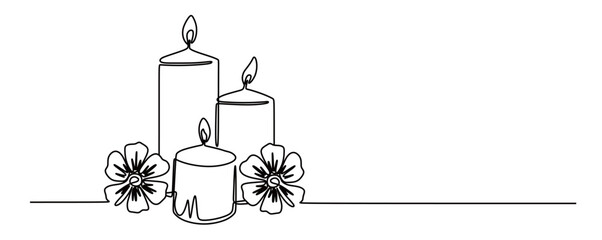 Continuous line art of a candle with a burning flame and flowers below it. The concept of lighting using candles. This icon is for a religious or Christmas poster.