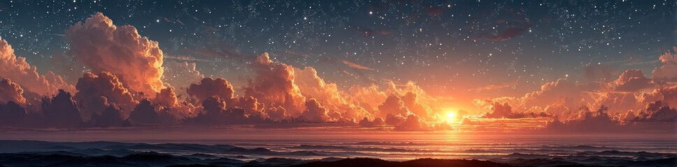Dreamy sunset over layered mountains with glowing clouds and twinkling stars in a magical sky panorama Generative AI