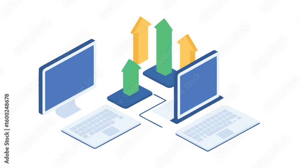 Fototapete isometric view of two computers connected with upward arrows showing data transfer process visually 