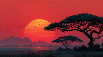 Large glowing sun setting over an African savanna with silhouetted acacia trees and flying birds against a vivid red sky Generative AI