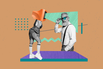Creative full artwork collage of two girl guy stand together business partners beam influence...