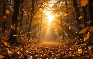 Golden Leaf Explosion in Magical Forest at Sunset with Autumn Leaves and Sunlight Rays