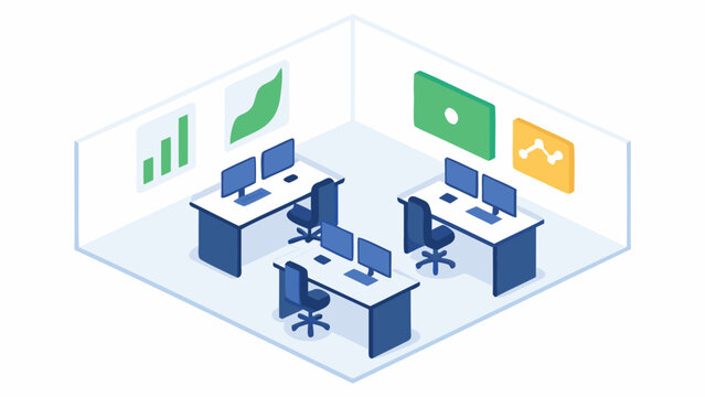 Isometric view of an office space with desks computers chairs and data visualization art pieces on the walls
