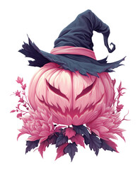 ChatGPT сказал:
A Halloween pumpkin with a witch's hat on top, surrounded by dark leaves and vines, against a transparent background. Concept for Halloween, spooky vibes, and fall atmosphere