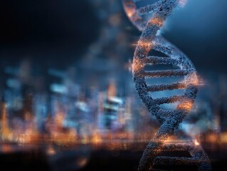 DNA helix over a city at night