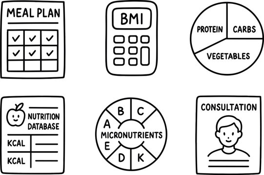 hand drawn cute out doodle style isolated dietitian meal plan chart dietitian BMI calculator dietitian portion plate model dietitian nutrition database dietitian micronutrient wheel