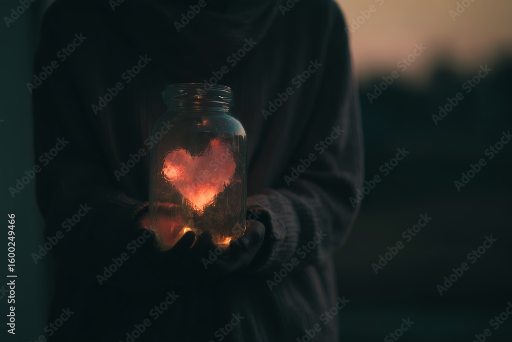 Poster holding a glowing jar with a heart shape during twilight outside in a serene setting