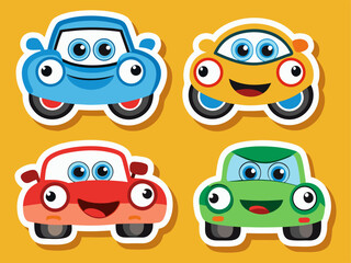 A Big collection Stickers Of Cartoon Cars with Faces A Colorful Collection of Playful Vehicles on a Yellow Background Four cartoon