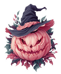 ChatGPT сказал:
A Halloween pumpkin with a witch's hat on top, surrounded by dark leaves and vines, against a transparent background. Concept for Halloween, spooky vibes, and fall atmosphere