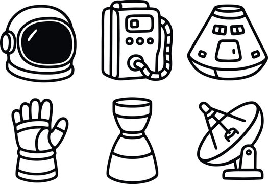 hand drawn cute out doodle style isolated astronaut helmet visor astronaut life support pack astronaut spacecraft module astronaut glove pressurizer astronaut thster nozzle astronaut