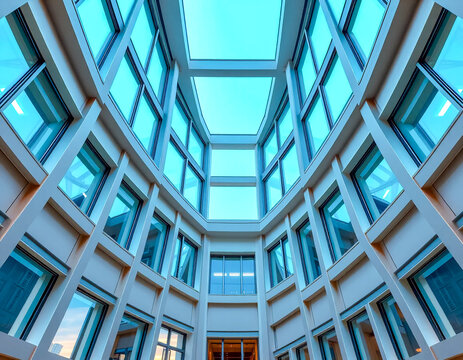 Modern building atrium with geometric glass ceiling and reflections, blue tone architecture view from below.
 - Powered by Adobe