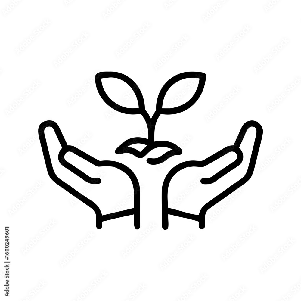 Poster hands holding a small tree depicted in simple outline drawing, hands holding a small tree represent 