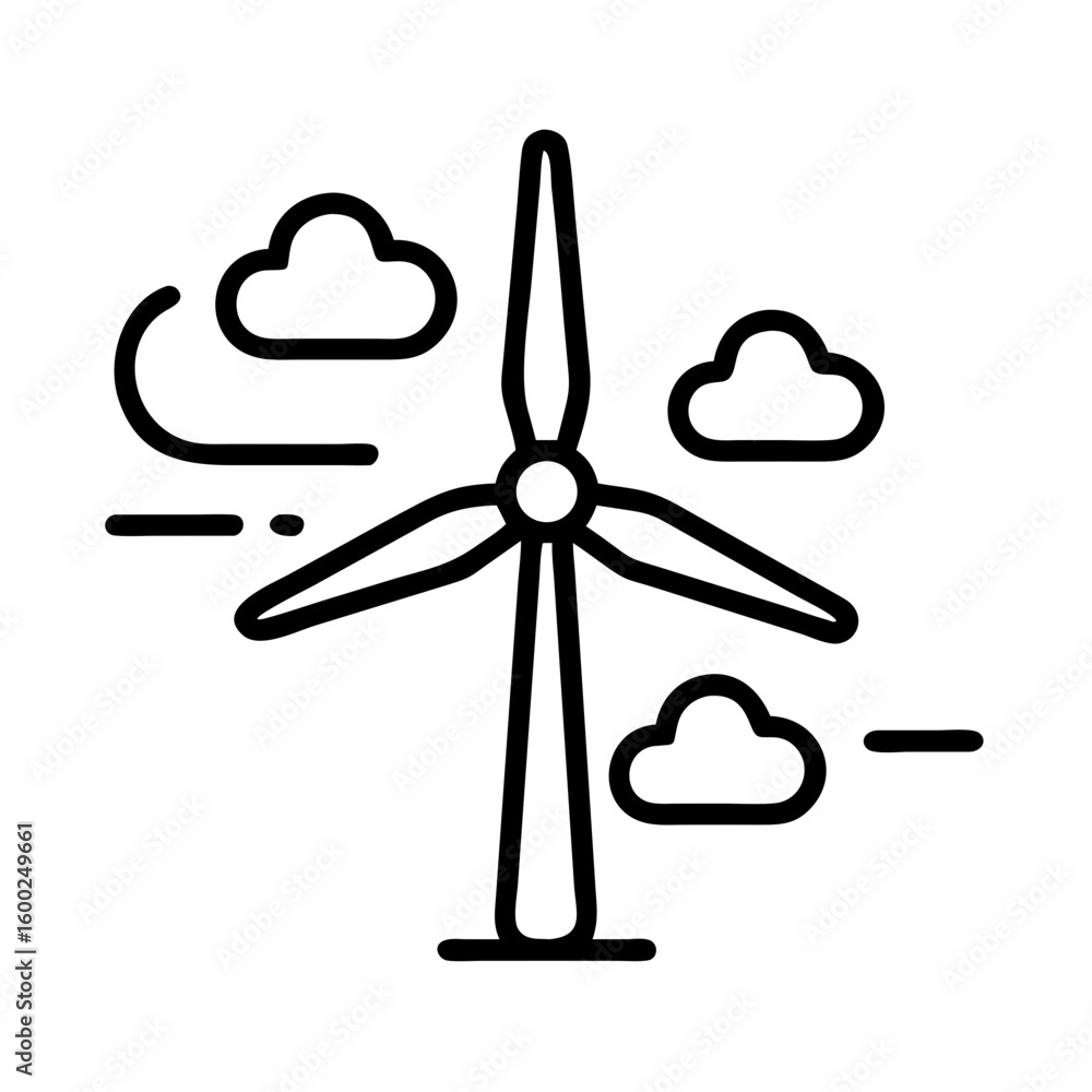 Poster wind turbine with clouds surrounded by vapor trails and simple clouds. wind turbine depicted as simp