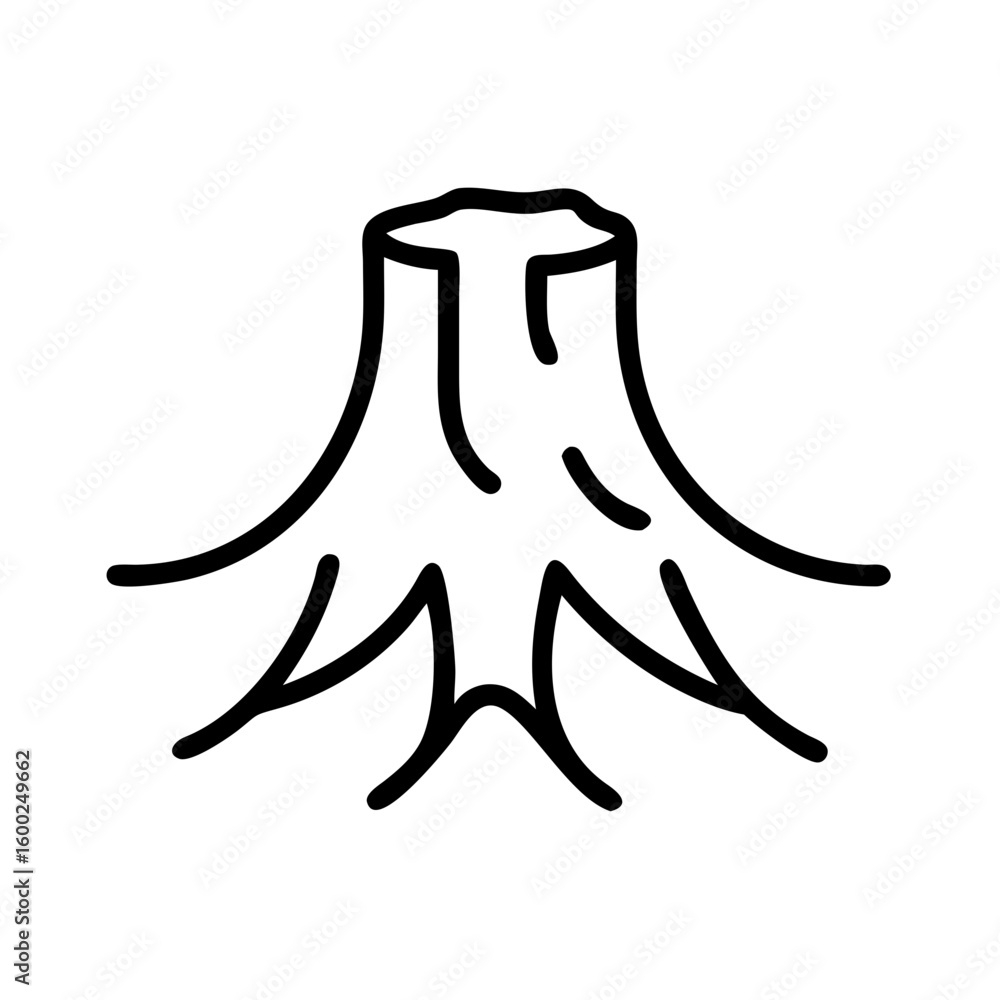 Poster tree stump with roots pictured in minimalist form, bare tree stump with roots are shown on white bac
