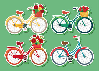 Fototapeta premium Colorful Bicycle Sticker Collection Featuring Baskets Overflowing with Flowers Set Against a Solid Green Background collection