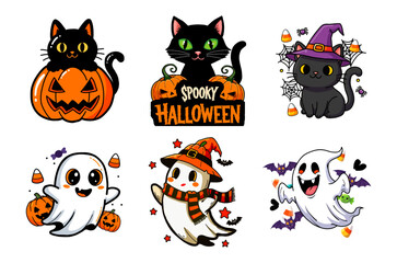 Set Collection of Spooky Cartoon, Cute Halloween Characters.