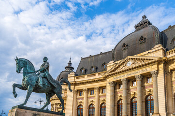 Bucharest, Romania: Central University Library building and Equestrian Statue of King Carol I, neo-classical building of the Carol I University Foundation