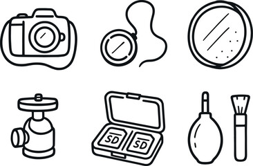 hand drawn cute out doodle style isolated photographer camera strap photographer lens cap keeper photographer reflector photographer tripod mount photographer memory card case photographer