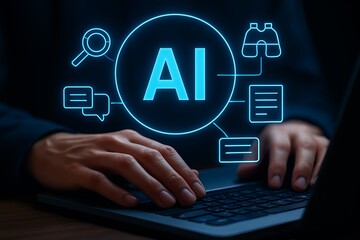 Person's hands typing on laptop with glowing A I icons and network diagram artificial intelligence