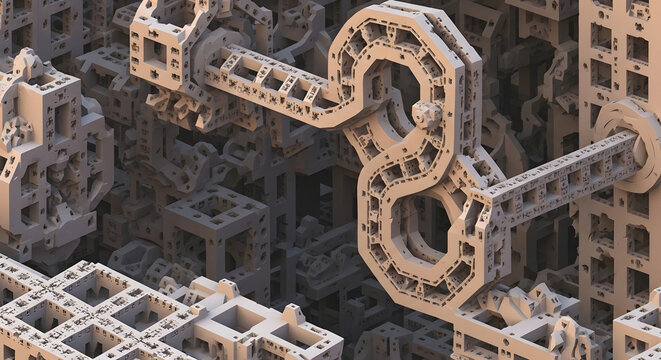 Complex fractal structure with repeating patterns and interconnected geometric shapes in beige tones