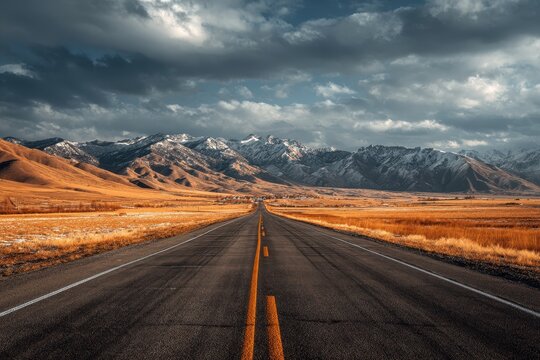 Scenic road leads to mountains under a cloudy sky with brown plains on either side - Powered by Adobe
