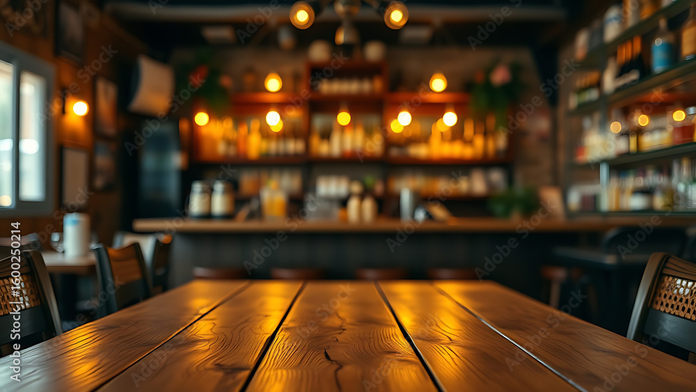 Poster empty wooden table rustic and blurred background of bar or pub for product display high quality phot