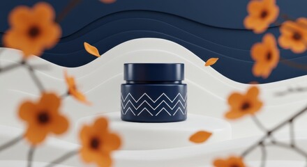 Minimalist Skincare Jar on Abstract Wavy Surface with Orange Petals – Elegant Beauty Product Mockup Design