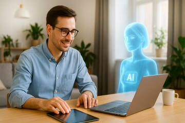 Young man working remotely at home with a holographic AI assistant, using laptop in modern bright interior - Concept of technology, innovation, and smart working