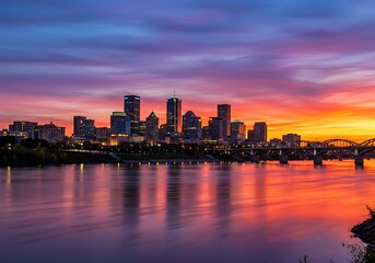 Naklejka premium Saint Paul, Minnesota Skyline at Sunset – Reflections on the Mississippi River