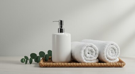 Minimalist Spa Decor with Towels and Lotion Dispenser on Rattan Tray with Eucalyptus Leaves