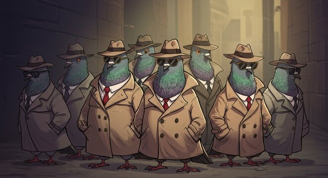 Pigeon syndicate cartoon illustration: A humorous take on urban espionage and avian undercover