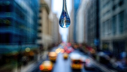 A single water droplet hangs suspended in the air above a city street