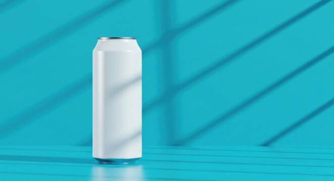 Minimalist White Beverage Can Mockup with Blue Window Light Shadows – Clean Product Branding Template - Powered by Adobe