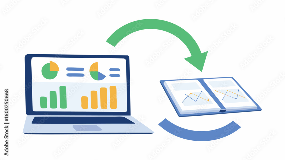 Poster laptop displaying charts with data transfer to a book with green and blue arrows showing flow
