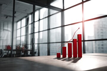 Red bar graph rising, modern office setting