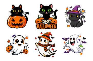 Set Collection of Spooky Cartoon, Cute Halloween Characters.