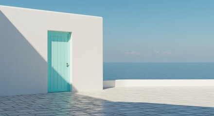 Minimalist White Stone House with Pastel Blue Door Facing Tranquil Sea – Coastal Architecture and Ocean View