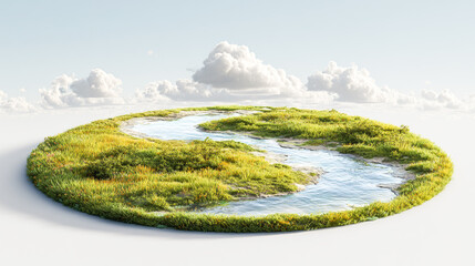3D illustration of a round, grassy island with a river flowing, isolated on a white background, with a blue sky and clouds, in a minimalistic style, high-resolution photography.