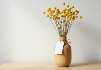 Minimalist Wooden Vase with Yellow Dried Flowers and Blank Tag on Light Shelf – Natural Home Decor Mockup