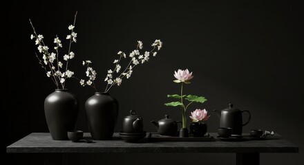 Minimalist Zen Floral Arrangement on Sculpted Black Stone Table with Blossoms
