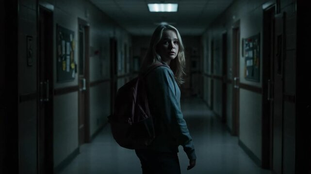 A scared young woman with a backpack looks back in fear while walking down a dark, empty school hallway at night.