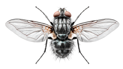 Common housefly with transparent wings and detailed eyes background isolated on a Transparent background, PNG file.