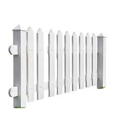 Angled Corner Section of White Garden Fence with Posts, Isolated Cutout on Transparent Background
