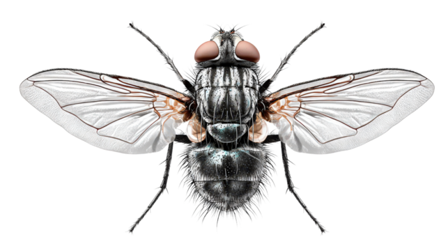 Common housefly with transparent wings and detailed eyes background isolated on a Transparent background, PNG file.