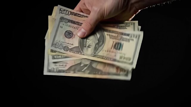 Hand releasing money on a black surface