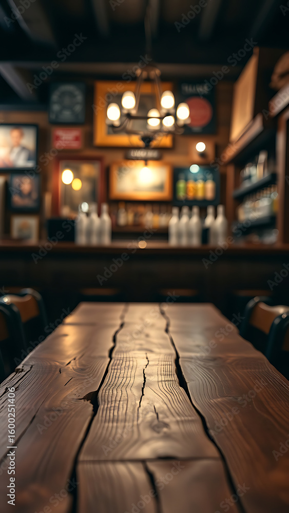 Poster empty wooden table rustic and blurred background of bar or pub for product display high quality phot